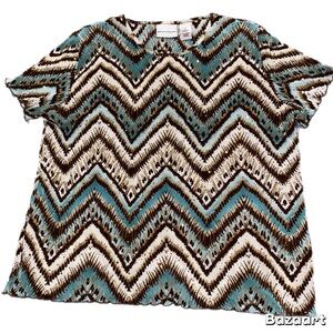 Alfred Dunner Women’s Blue and Brown Chevron Blouse with Sequins Size Medium